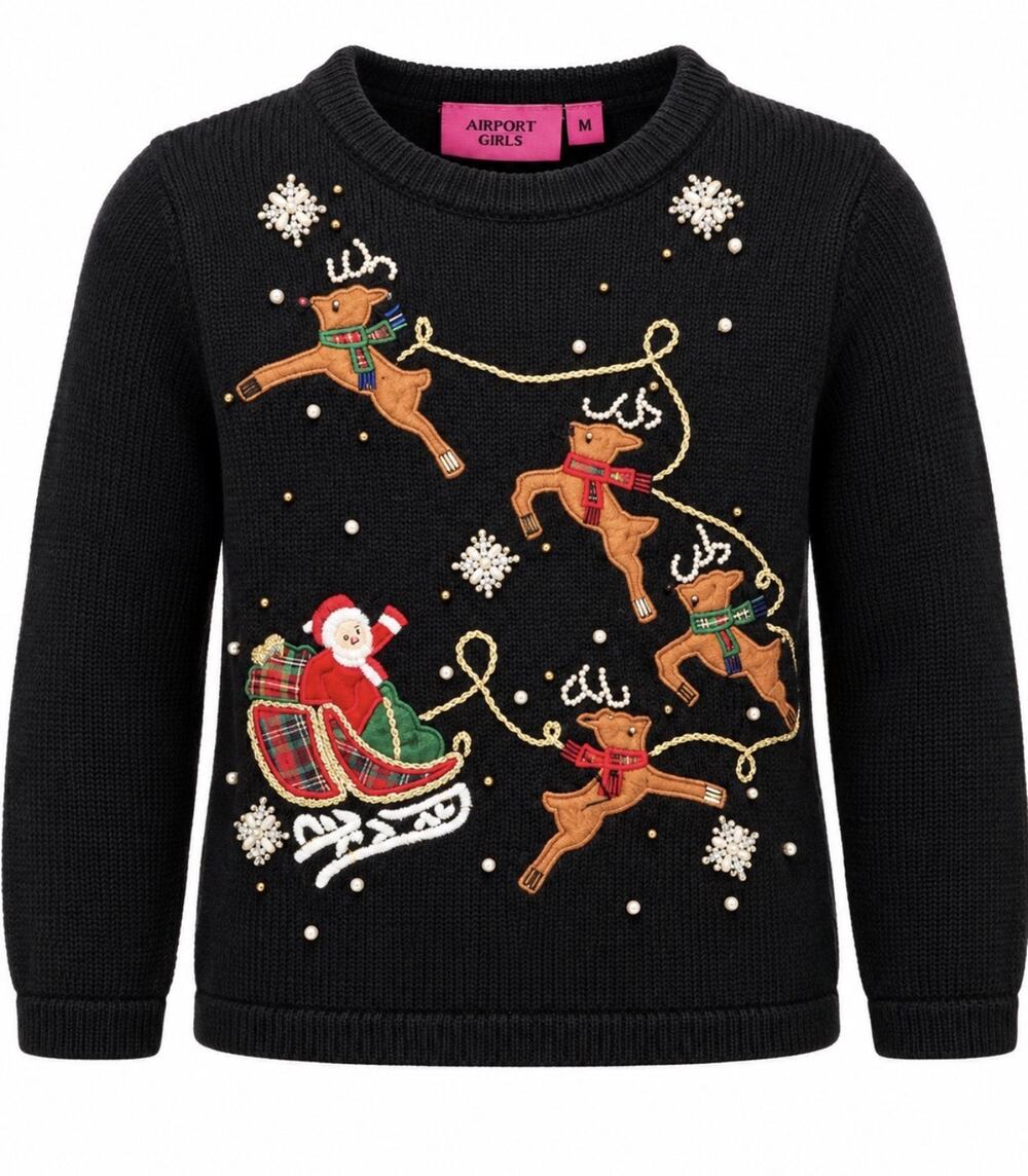 Vintage Airport Girls Christmas Sweater Girls M Santa Reindeer Beaded Black